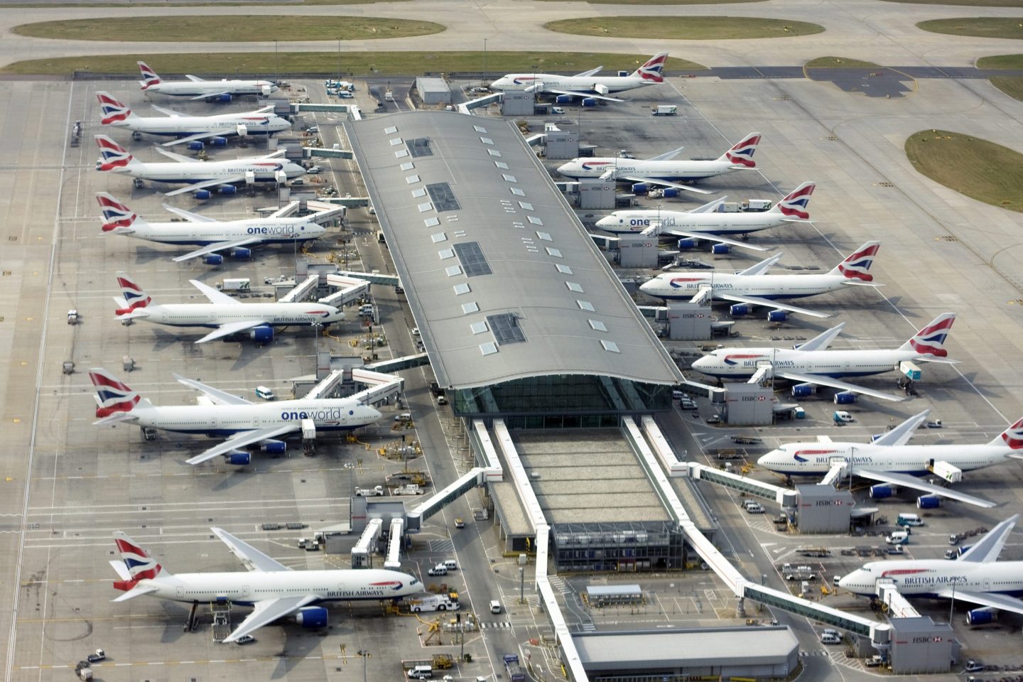 Aerial view of a Terminal 5 building at London Heathrow Airport