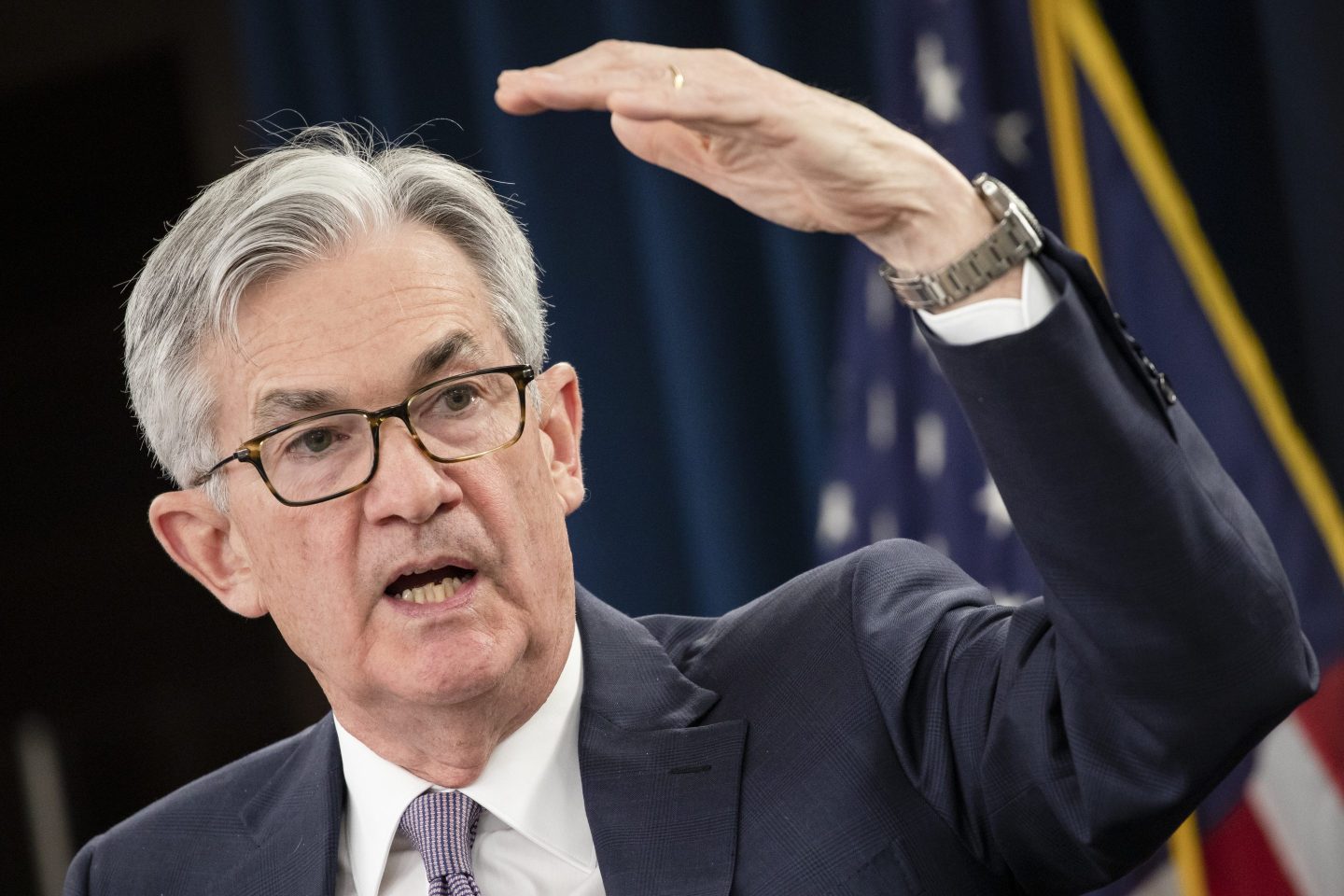 Fed chair Jerome Powell speaks at a press conference.