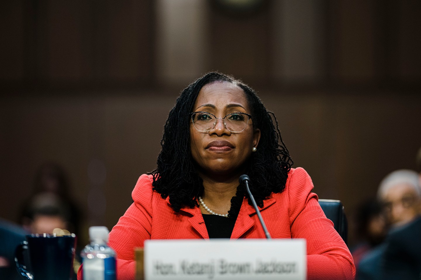 Supreme Court nominee Judge Ketanji Brown Jackson listens.