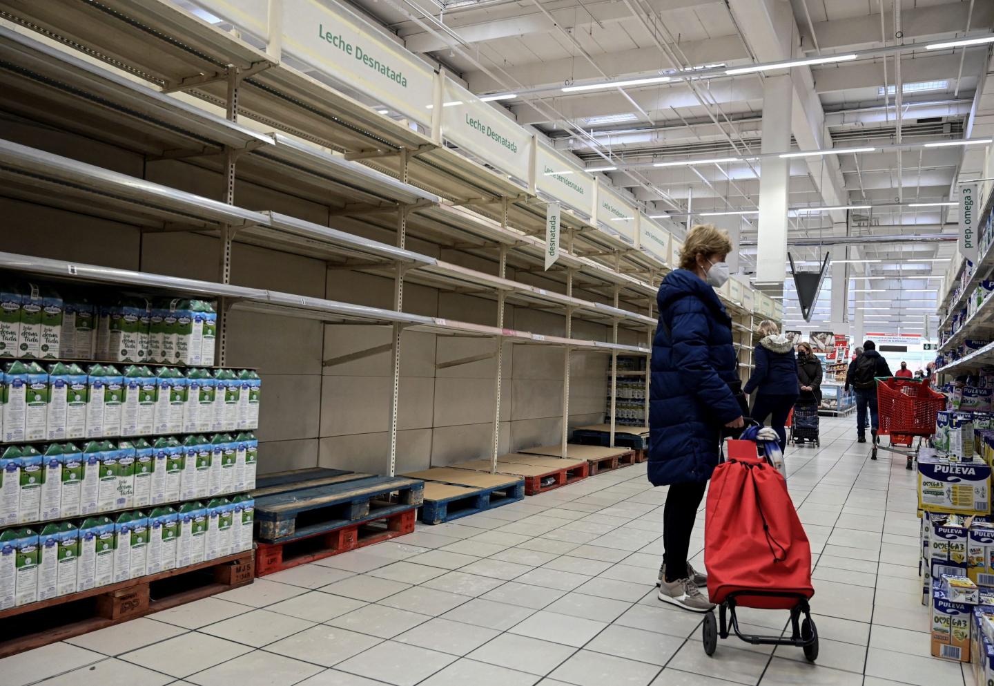 A customer looks at milk cartons on mostly empty shelves in a market in Spain.