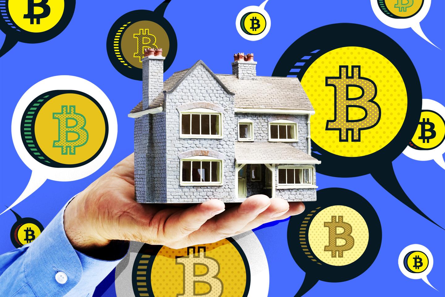 Artistic rendering of a hand holding a home, surrounded by Bitcoin coins