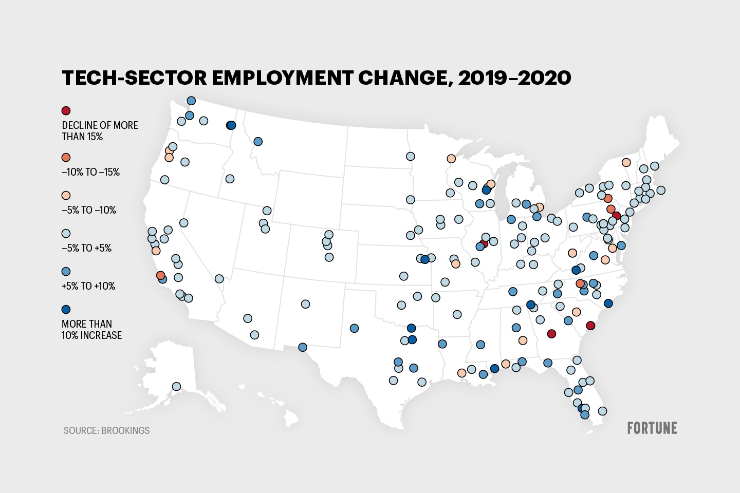 Map shows change in tech employment in U.S. metro areas
