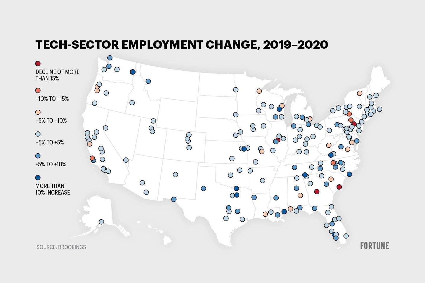 Map shows change in tech employment in U.S. metro areas
