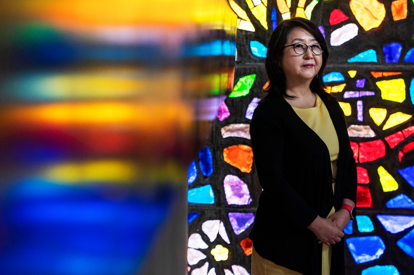 The Rev. Kyunglim Shin Lee, Vice President for International Relations at the Wesley Theological Seminary, poses for a portrait, Thursday, March 10, 2022, in the chapel at the Seminary in Washington.