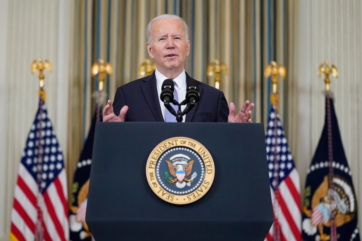 President Joe Biden speaks about the March jobs report in the State Dining Room of the White House, April 1, 2022, in Washington. Since Biden took office last year, job growth has been vigorous and steady. That&#8217;s what he told the country on Friday after the March jobs report showed the addition of 431,000 jobs. (AP Photo/Patrick Semansky, File)