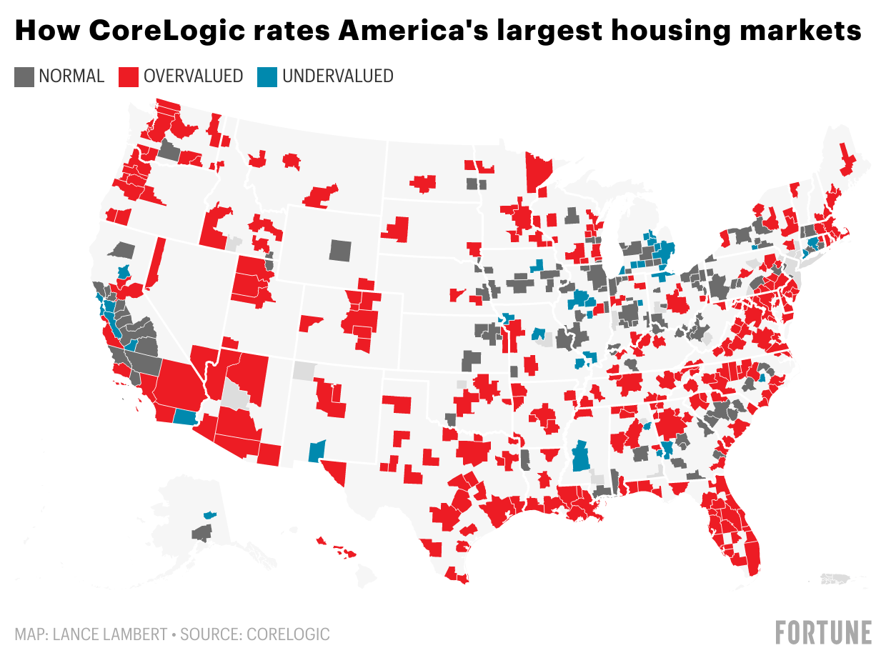 Map showing which U.S. housing markets are overvalued, normal, and undervalued