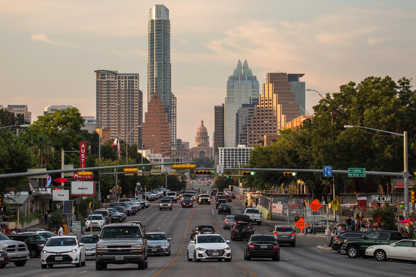 The skyline of Austin, Texas, is seen at sunset from the South Congress.