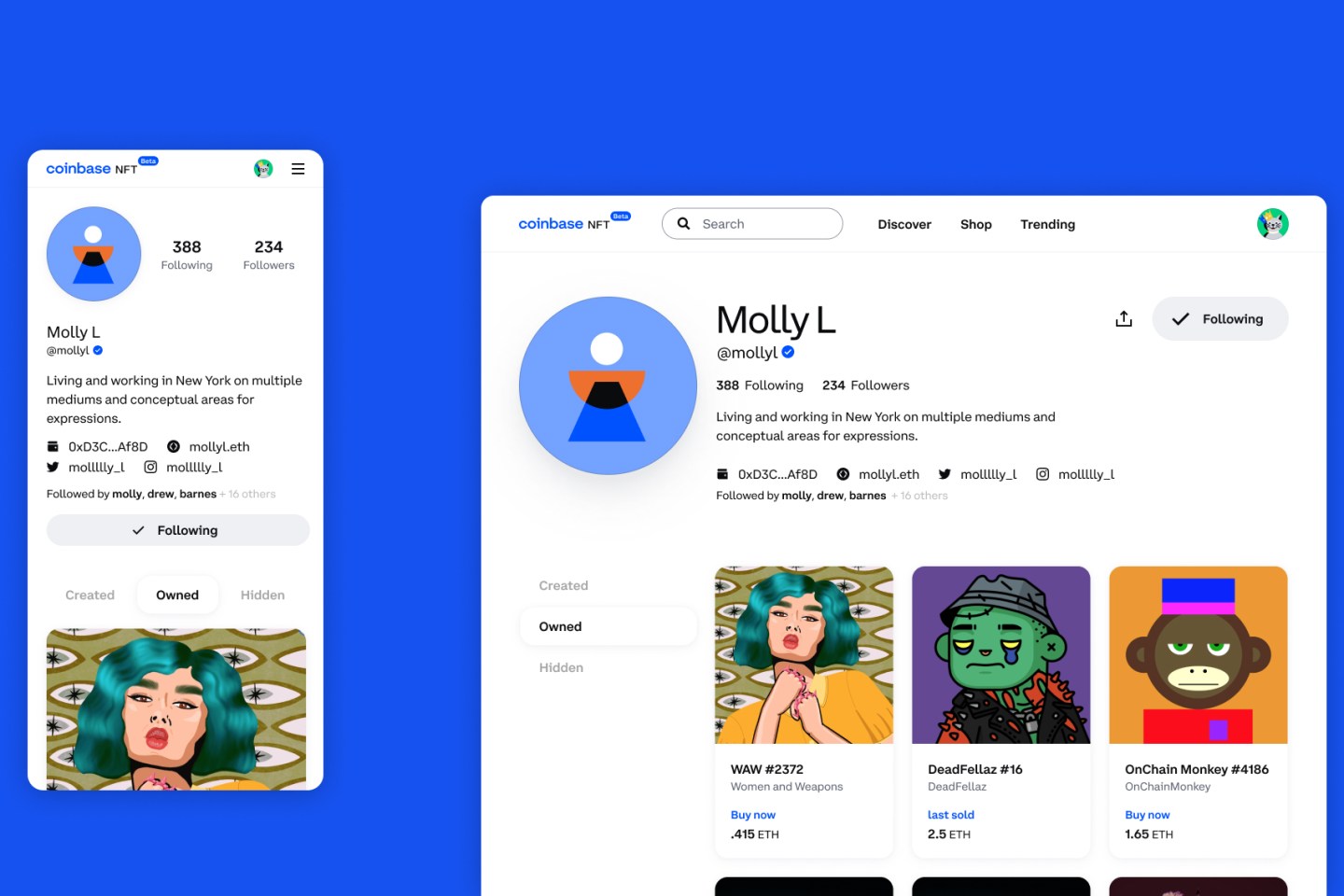 Screenviews of Coinbase's new NFT marketplace.