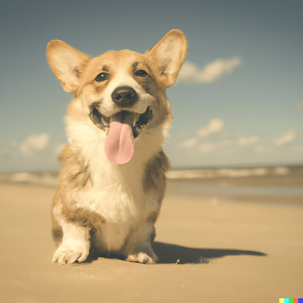 A vintage-style image of a corgi dog on a beach created with OpenAI's new image-rendering A.I. called DALL-E 2.