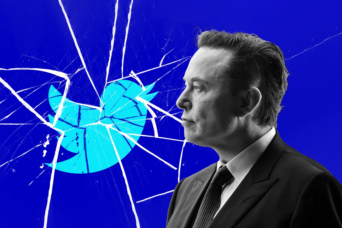 Photo illustration of Elon Musk with a shattered Twitter logo.