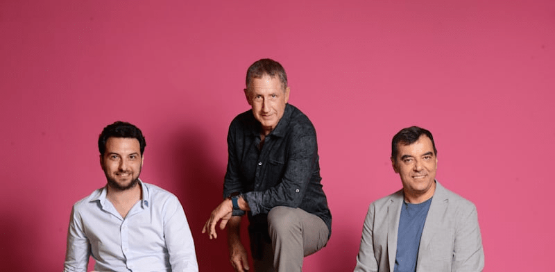 Portrait of AI21 Labs co-founders Ori Goshen (left), Yoav Shoham (center), and Amnon Shoshua