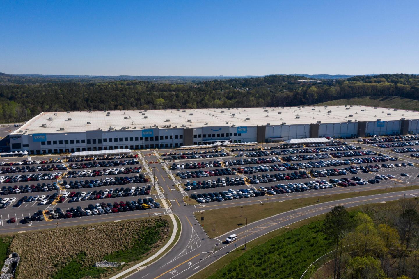 An aerial image shows the Amazon.com, Inc. BHM1 fulfillment center