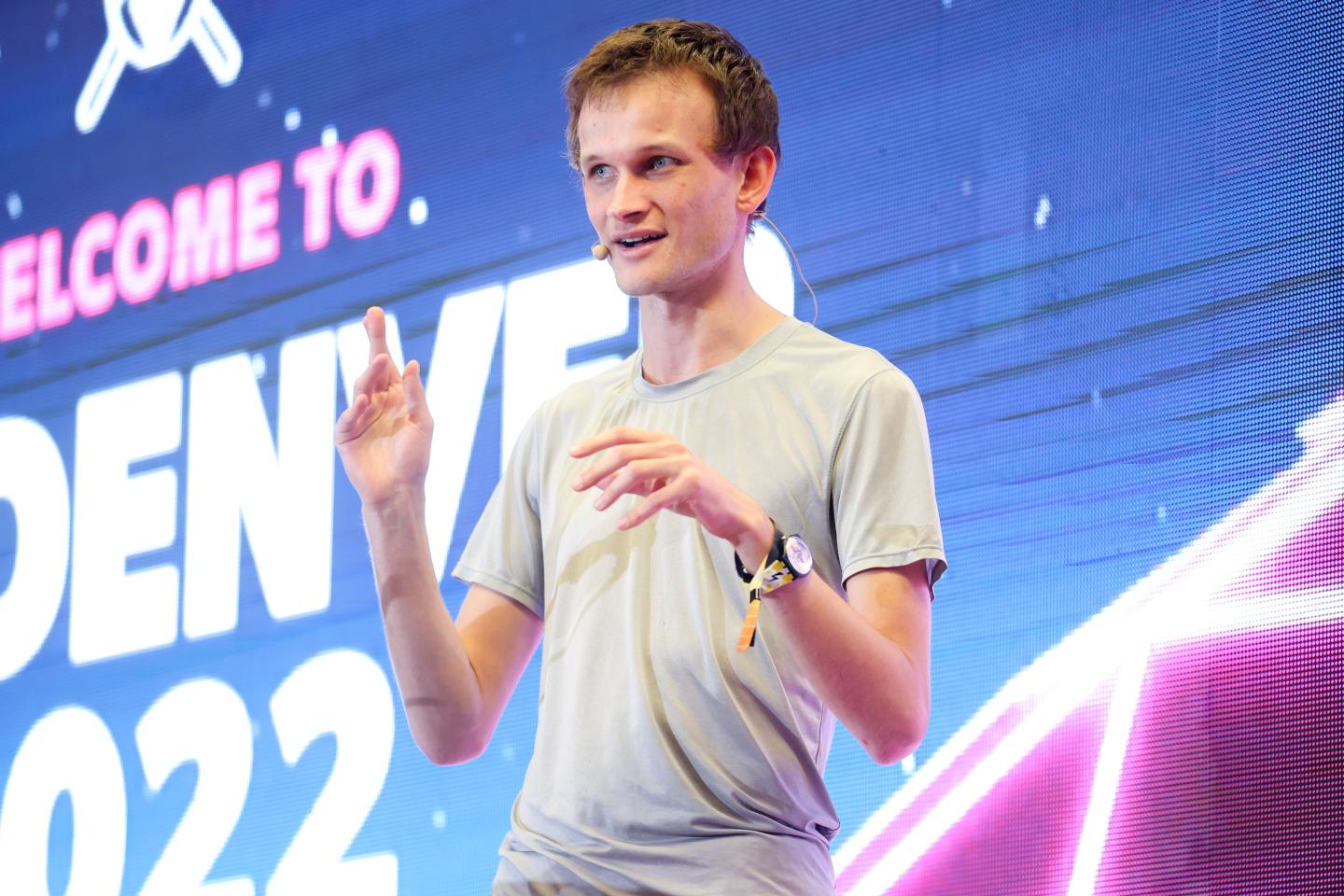 DENVER, CO - FEBRUARY 18: Ethereum co-founder Vitalik Buterin speaks at ETHDenver on February 18, 2022 in Denver, Colorado.