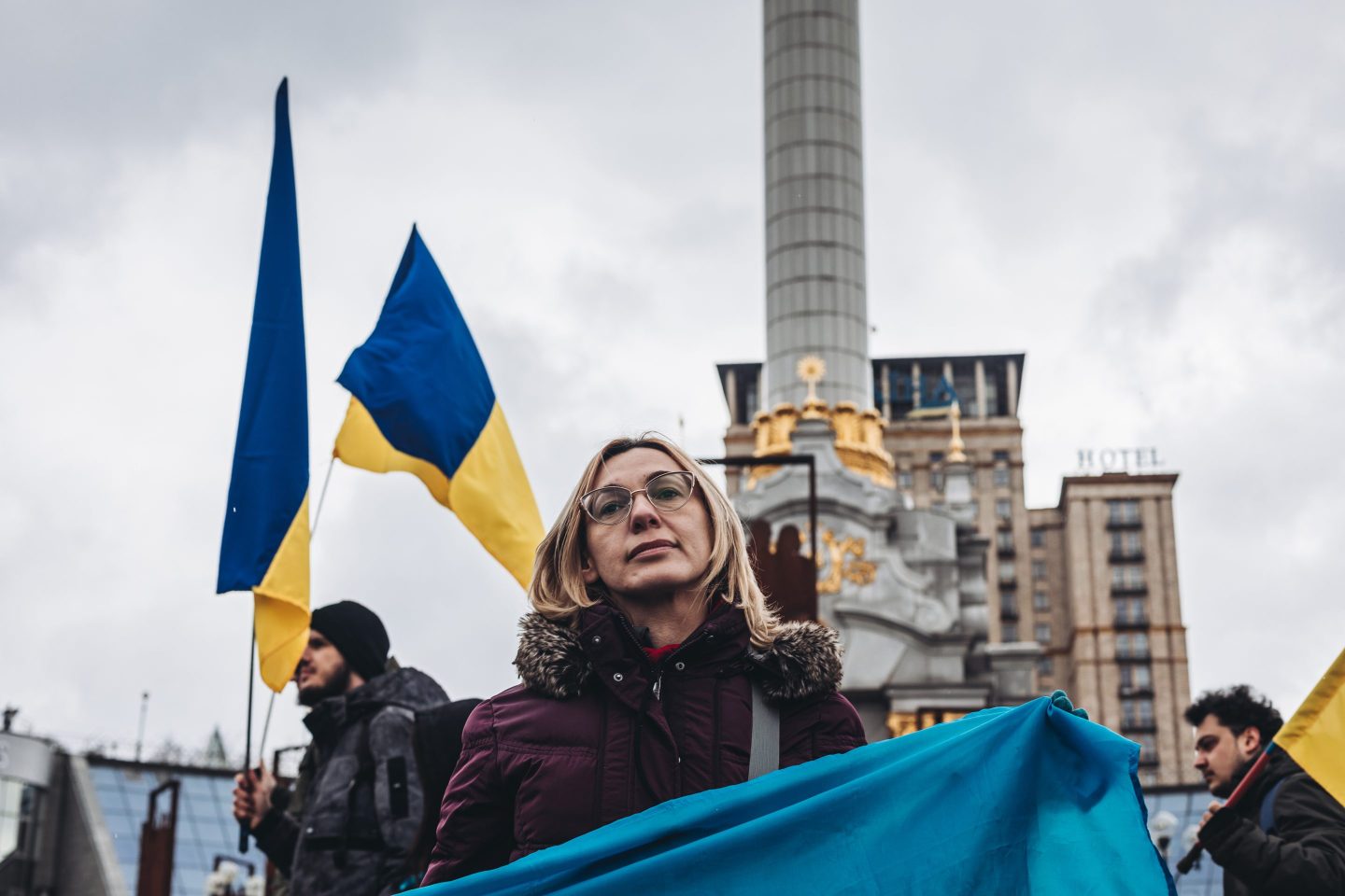 Demonstrators hold Ukrainian flags on Maidan Square in Kyiv, Ukraine on March 9, 2022. "In a moment like this—a moment that has shocked the world and awakened our common humanity—trusted leaders have a moral obligation to lead," the authors write.