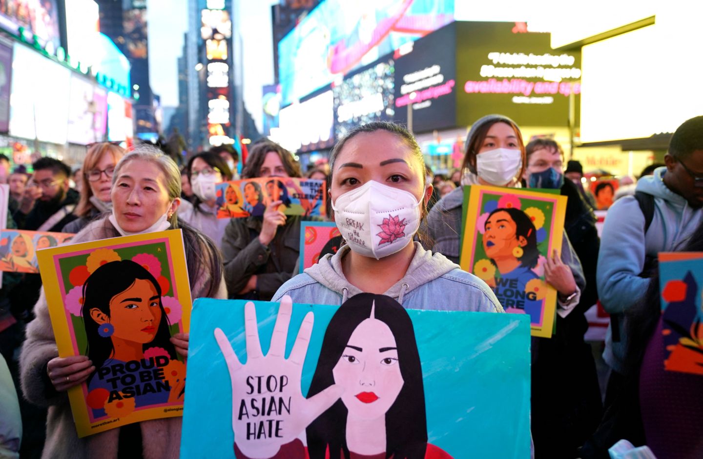 Demonstrators gather in Times Square in New York City on March 16, 2022, to protest attacks against Asian Americans. The rally was held on the first anniversary of the Atlanta spa shootings.
