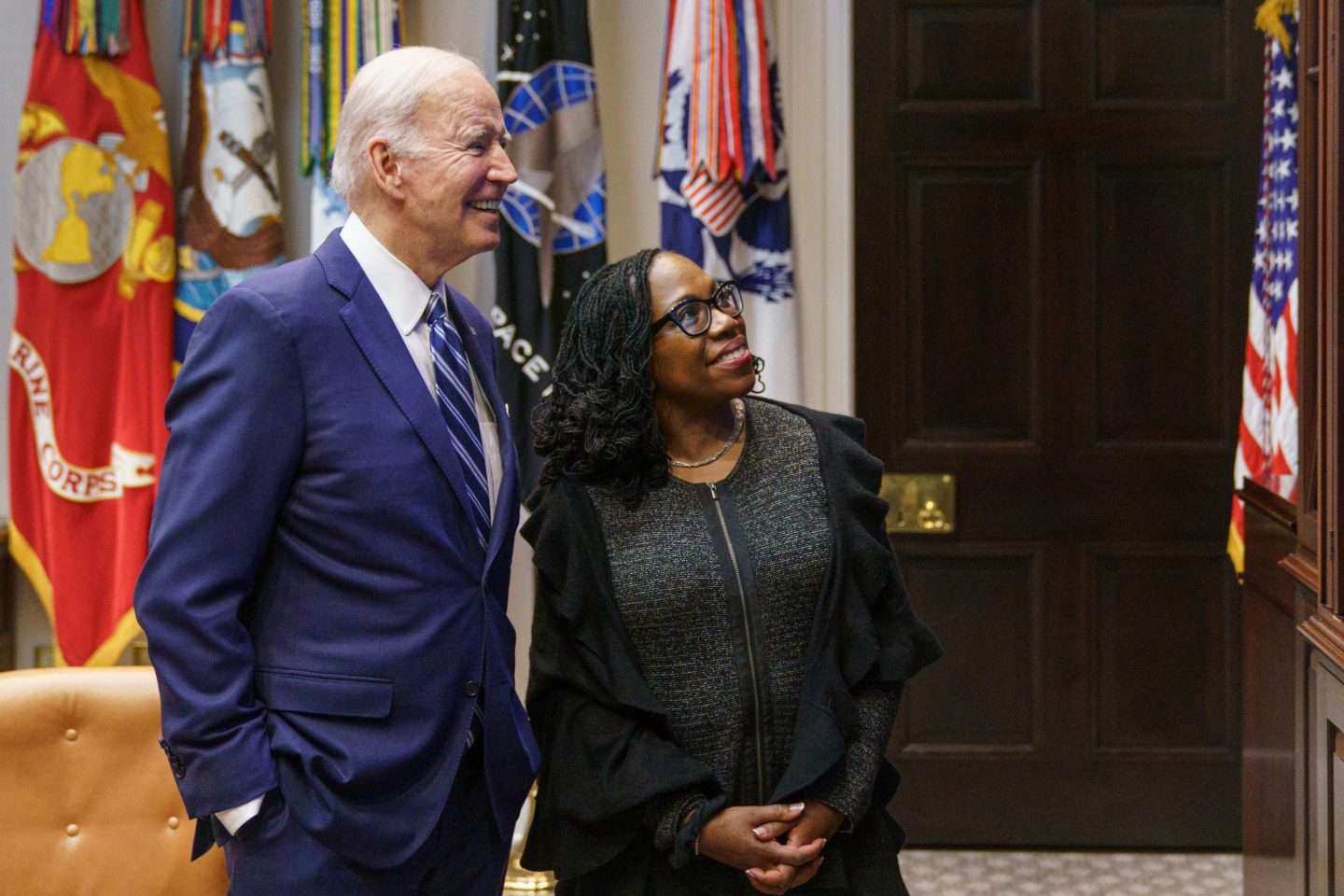 U.S. President Joe Biden and Judge Ketanji Brown Jackson watch the Senate vote on her nomination to be an associate justice on the U.S. Supreme Court, from the Roosevelt Room of the White House in Washington DC on Apr. 7, 2022.