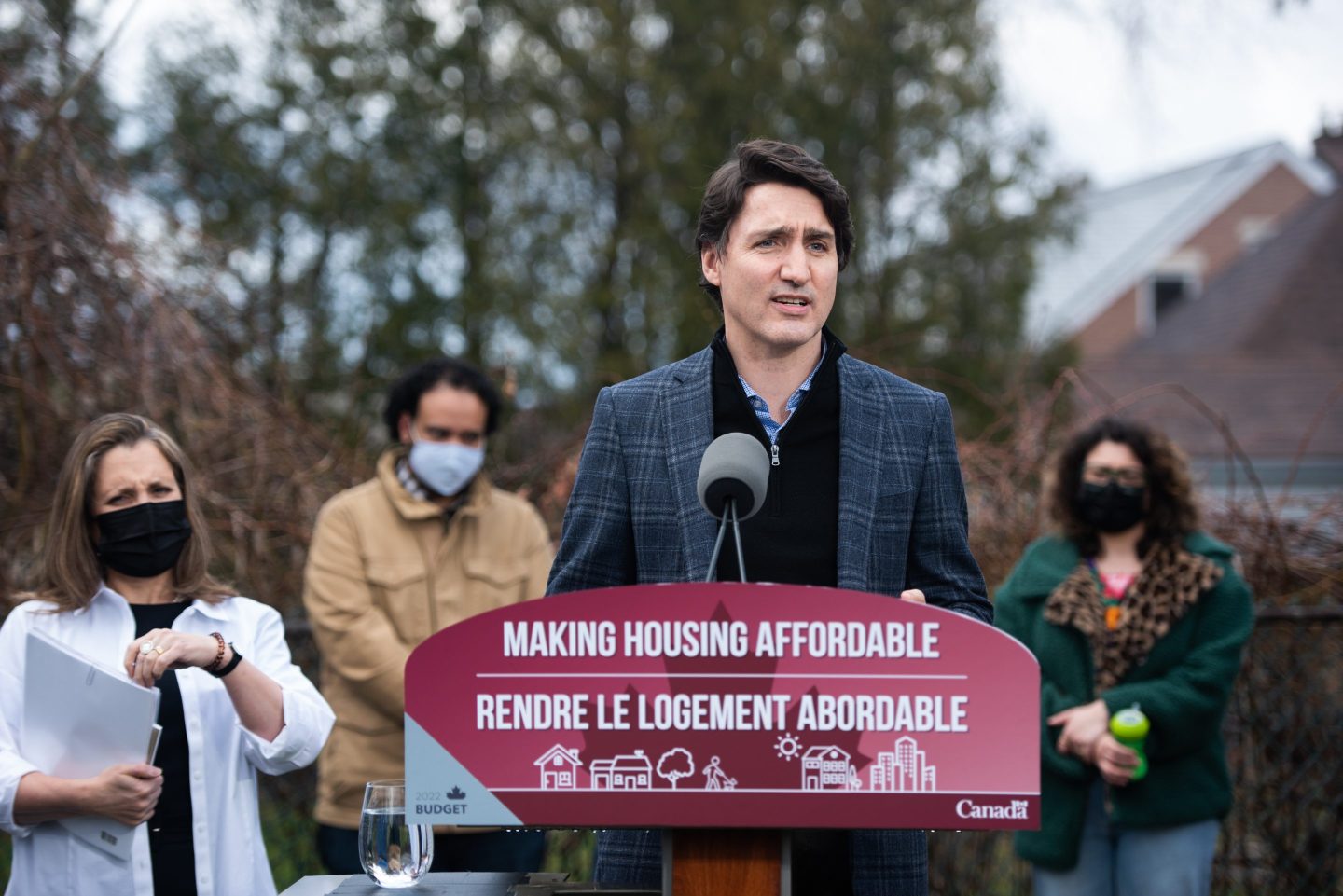 Photo of Canadian Prime Minster Justin Trudeau speaking at an event in Hamilton, Ontario, Canada, on April 8, 2022.