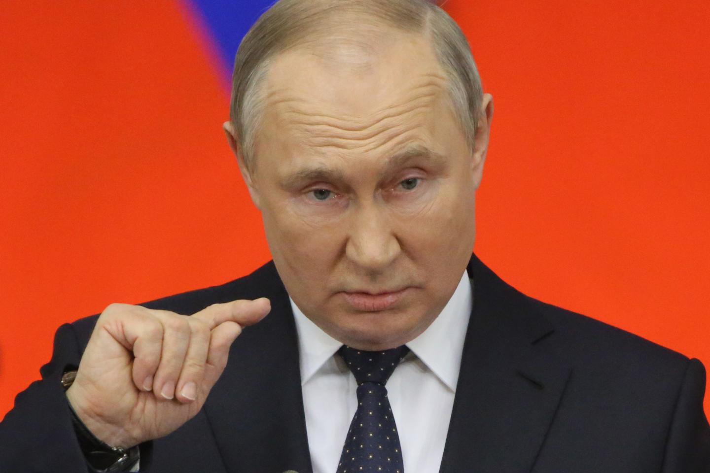 Russian President Vladimir Putin speaks during the Council of Lawmakers at the Tauride Palace, on April 27, 2022, in Saint Petersburg, Russia.