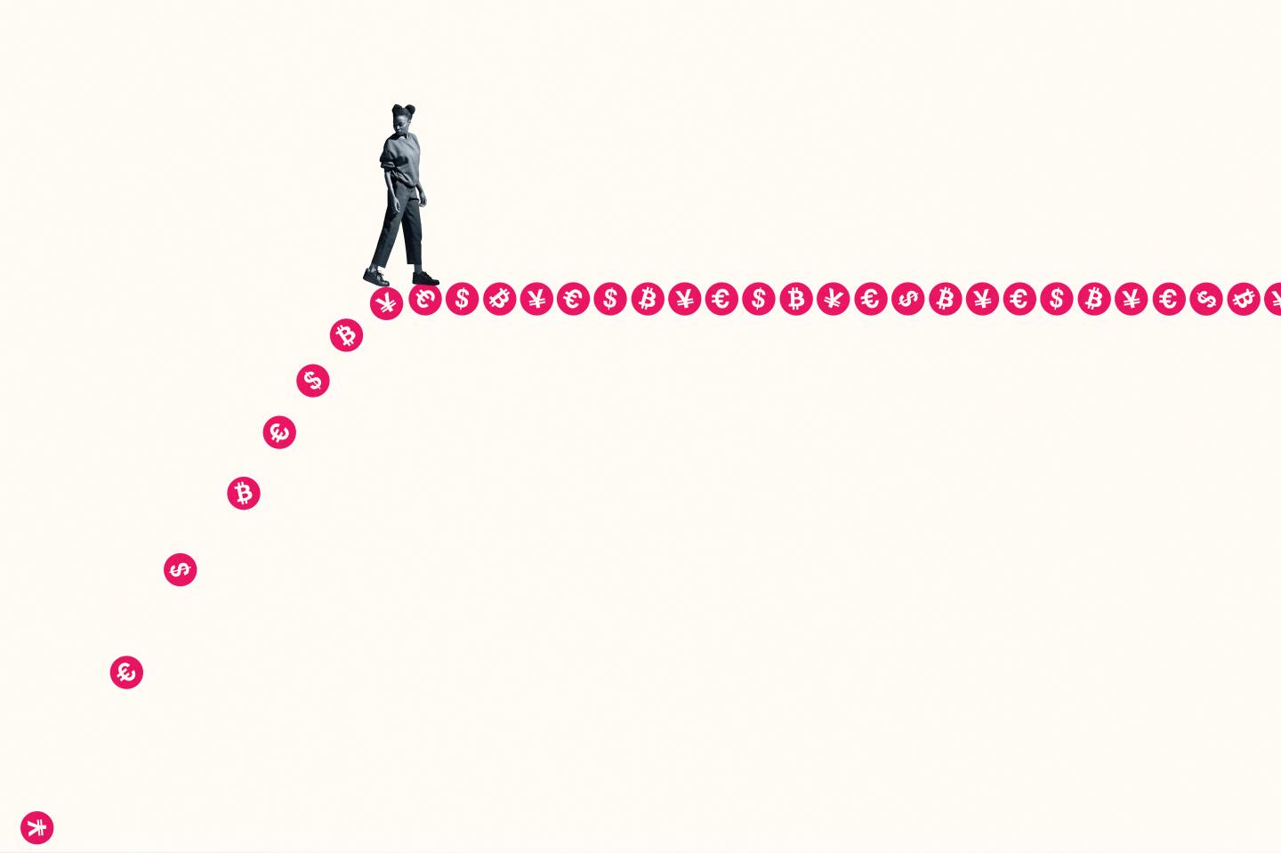 A woman walking up a staircase of currency icons.
