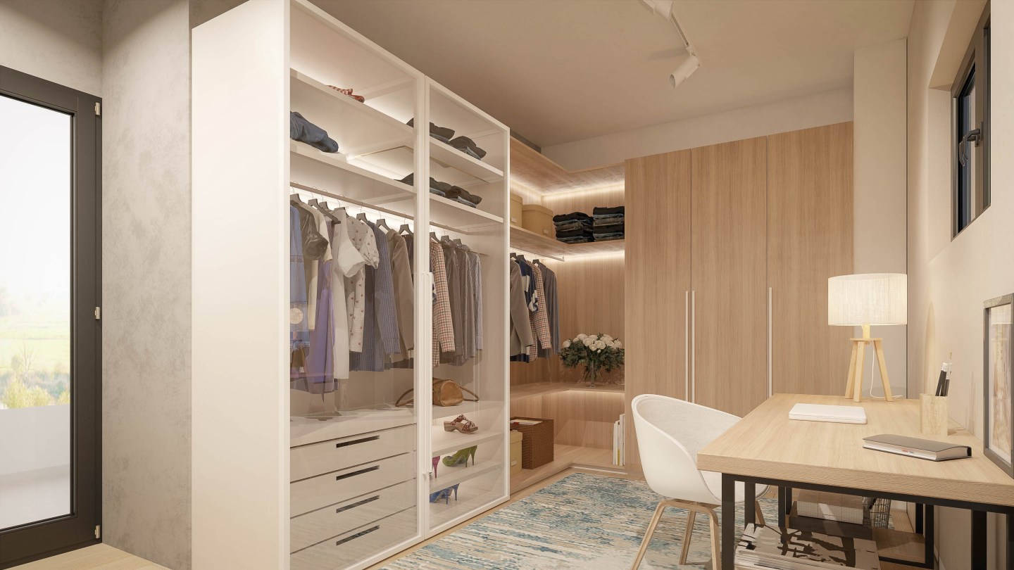 A CGI image of a walk-in closet with workwear.