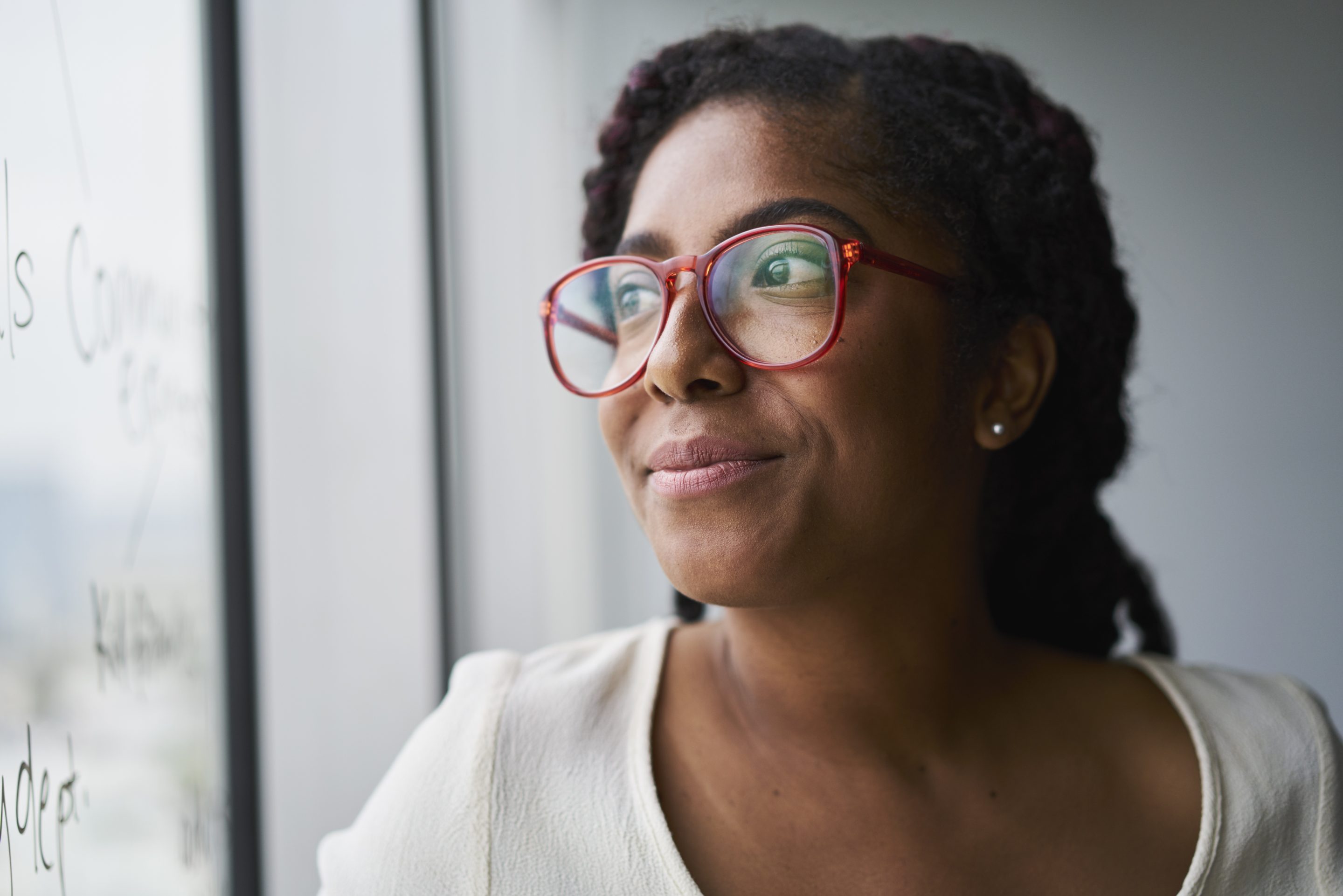 African American businesswoman looks into the distance