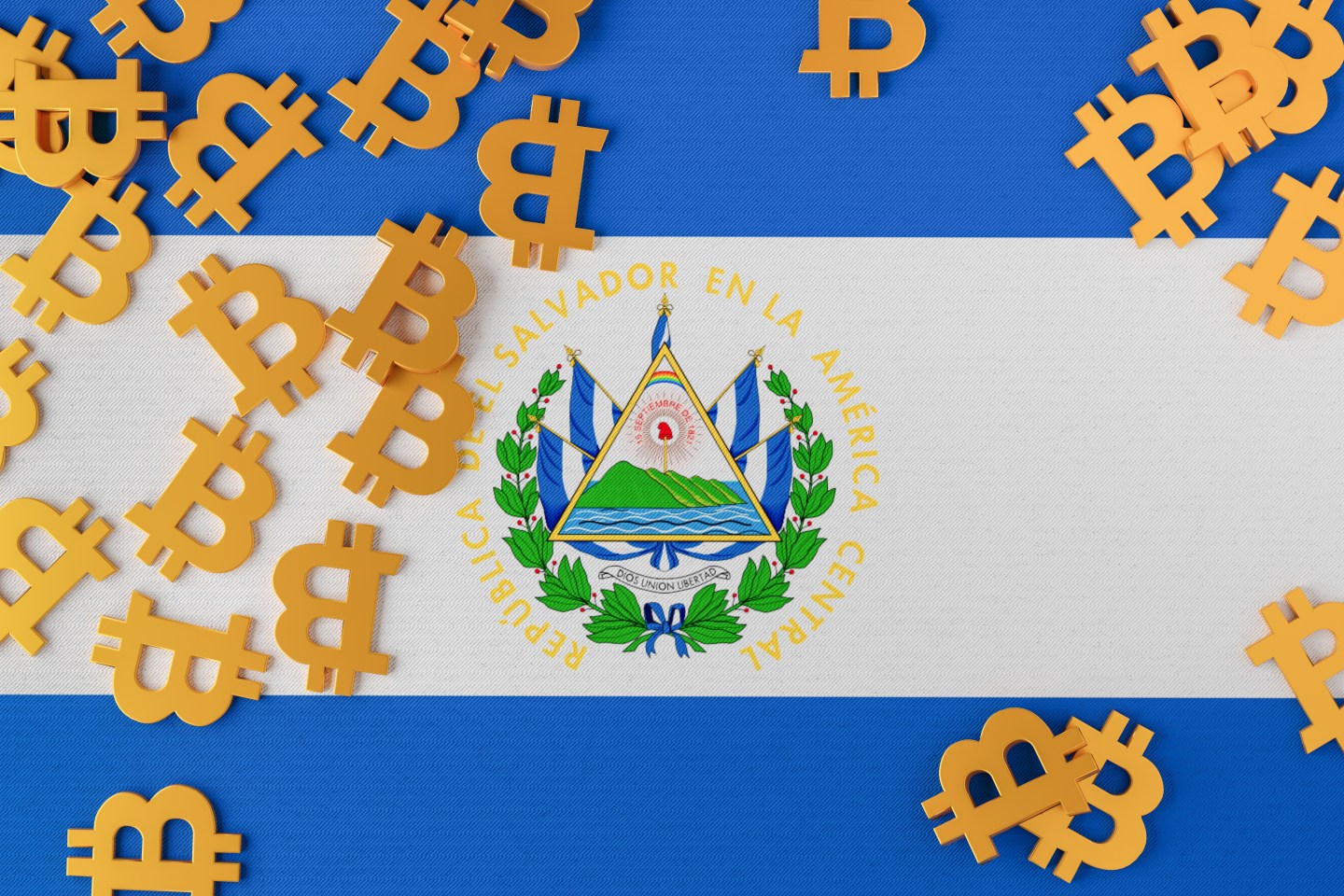 El Salvador flag with Bitcoin icons above it.