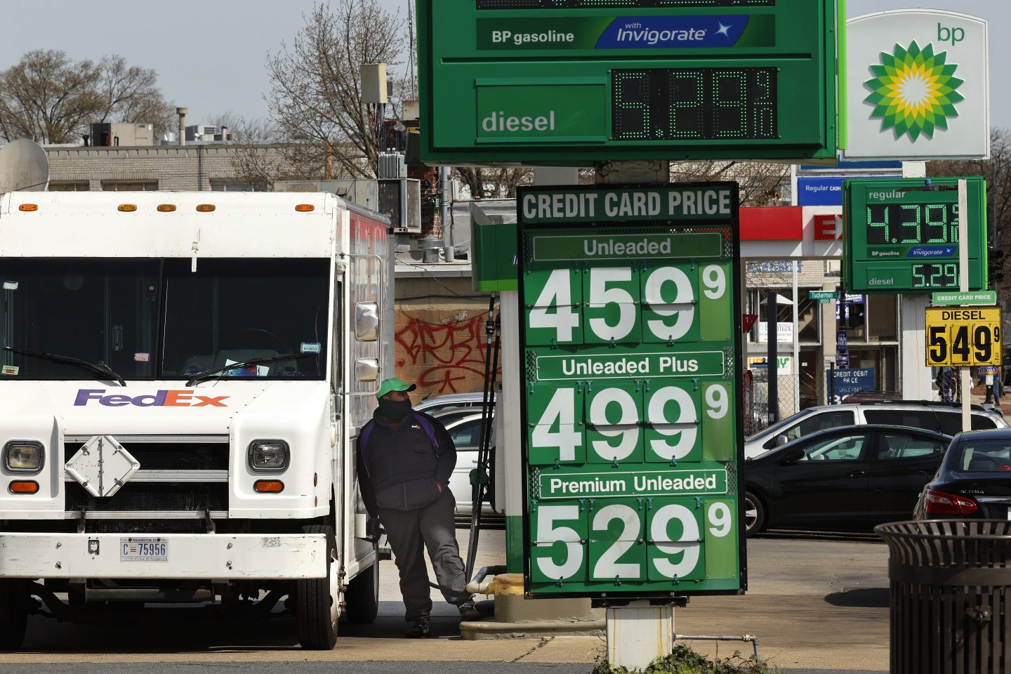 Gasoline prices displayed at gas station in Washington DC