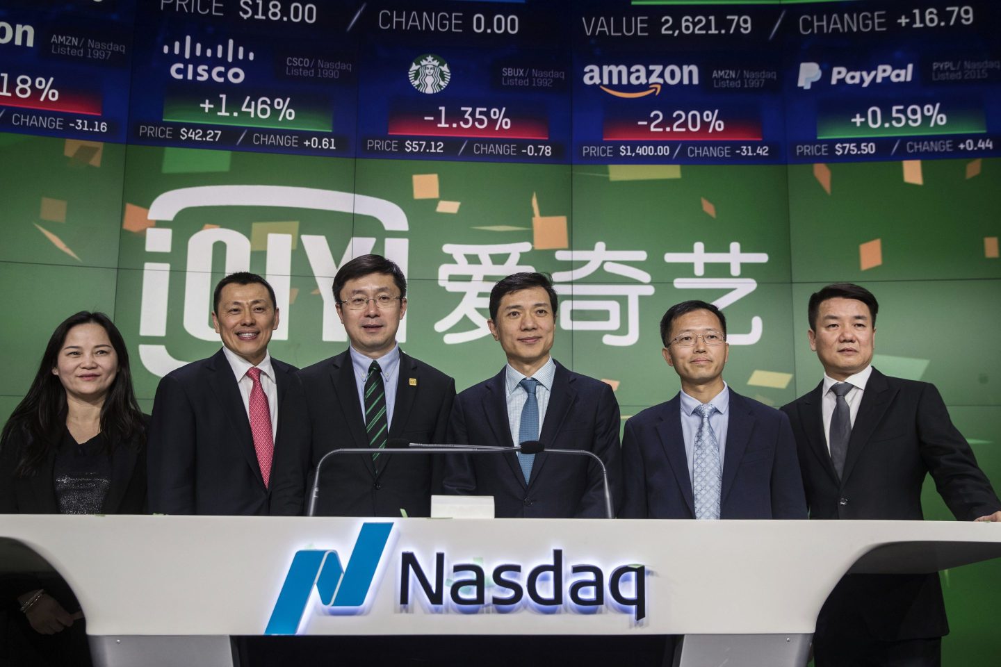 Photo of iQiyi's executive team during its initial public offering (IPO) on the Nasdaq.