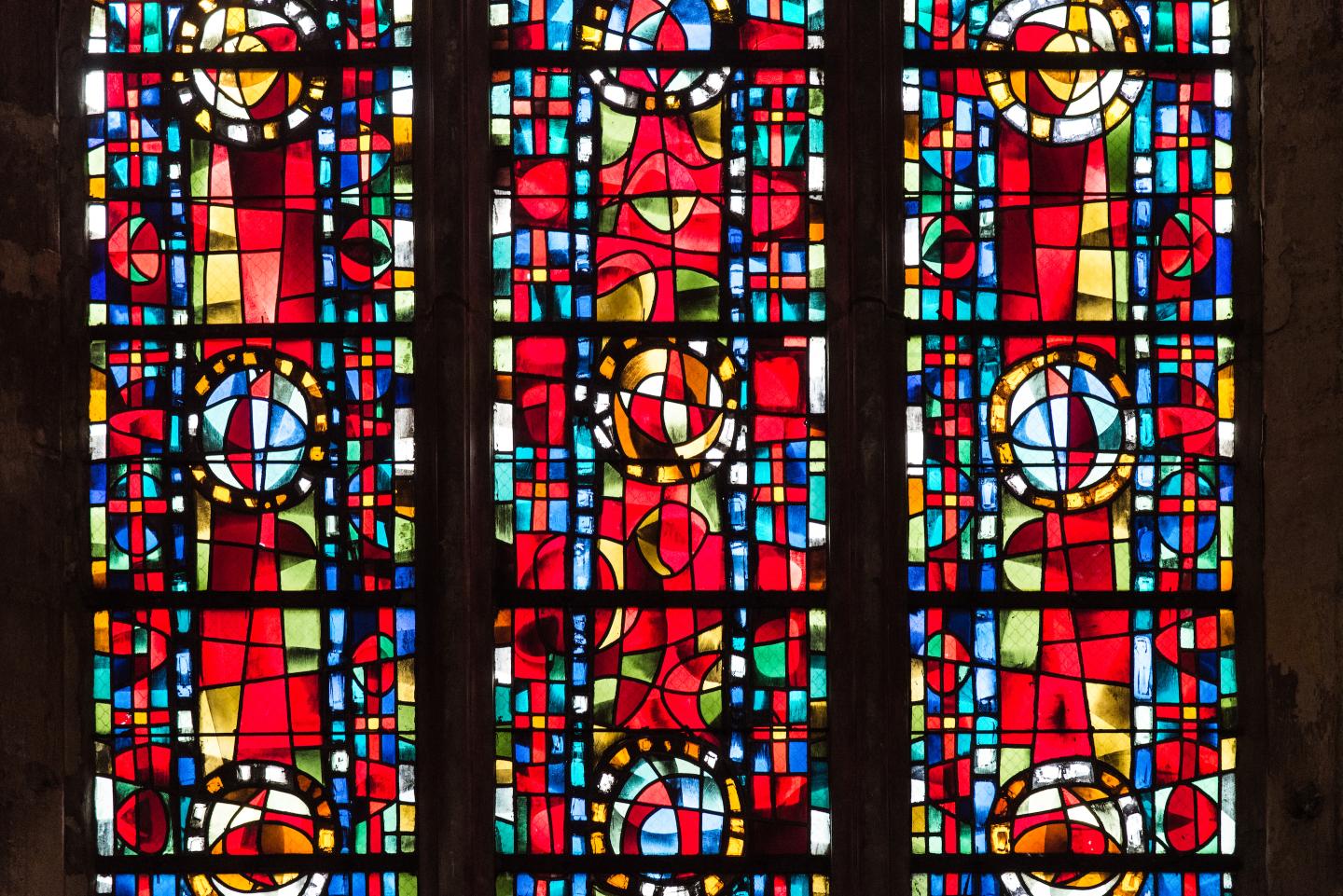 A stained glass window in a cathedral.