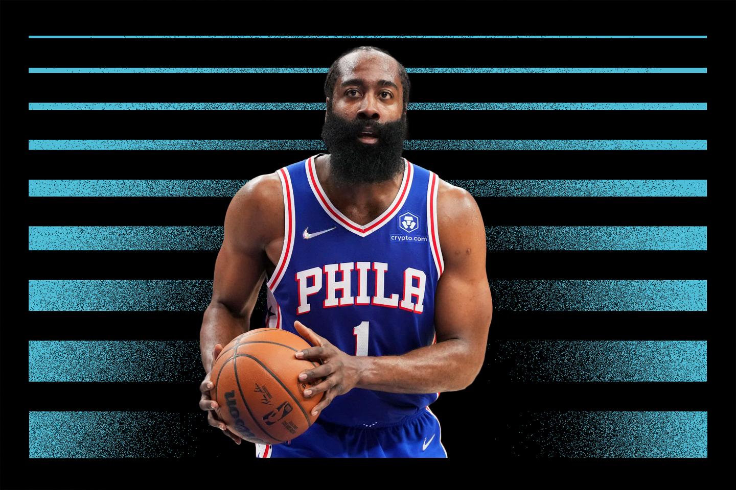 ames Harden #1 of the Philadelphia 76ers holds the basketball.