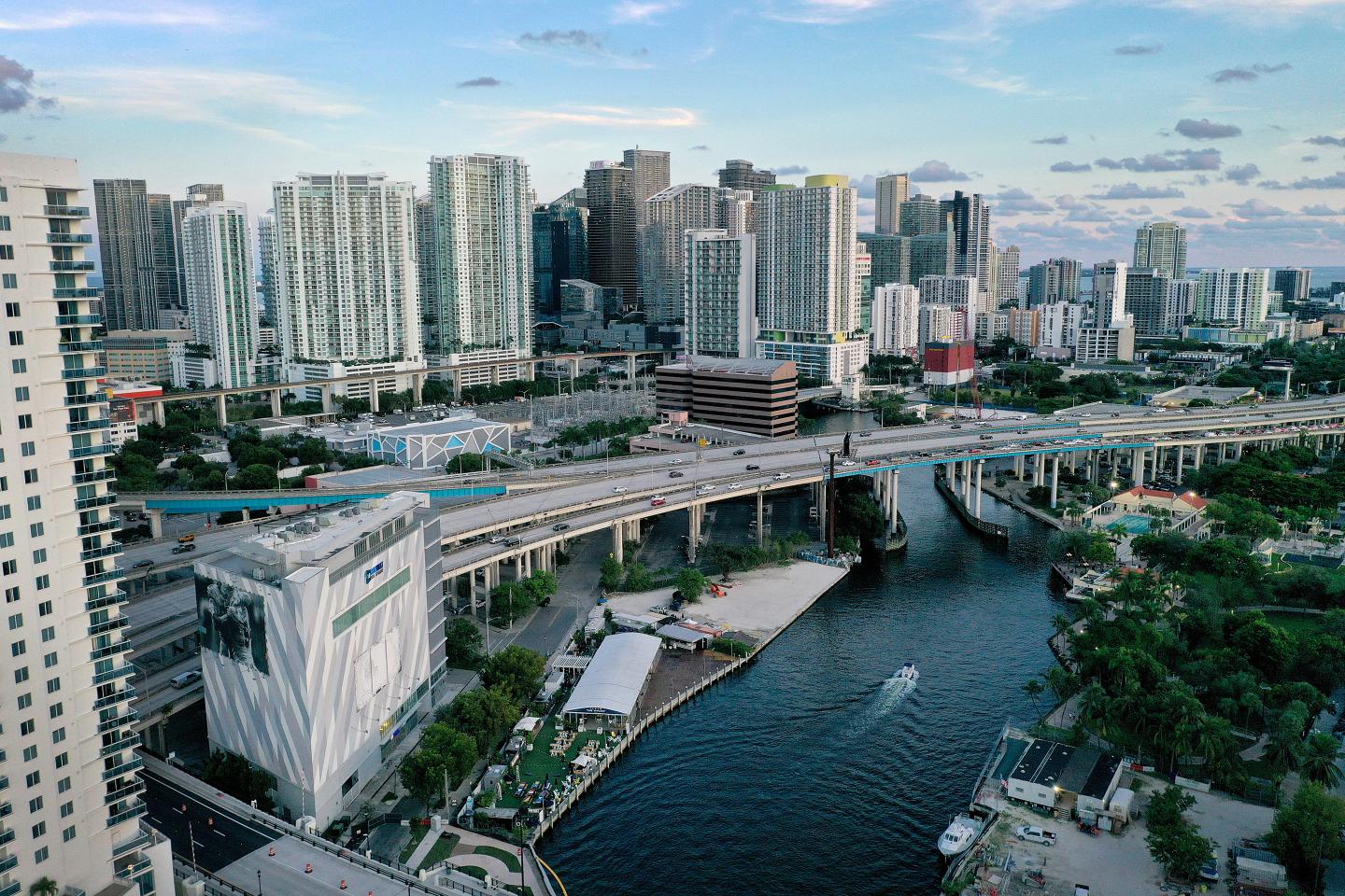 Aerial view, the City of Miami skyline.