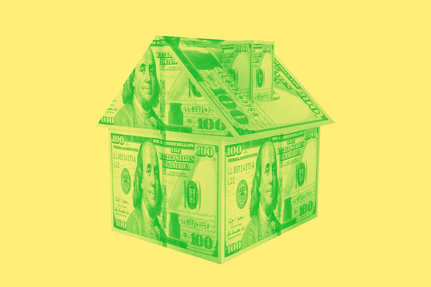 Photo illustration of a house made of money.