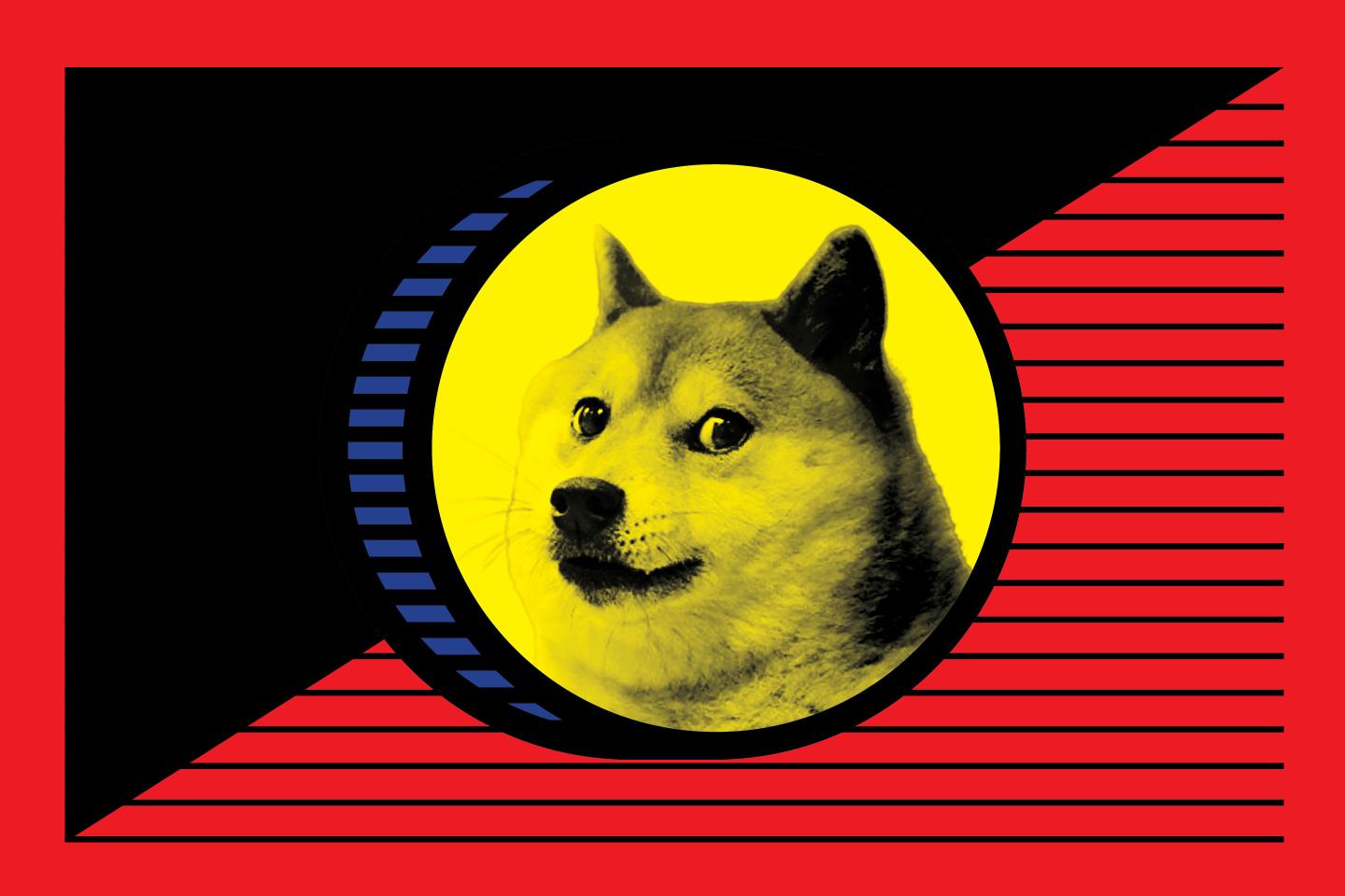 Artist’s concept of a Dogecoin token on red background