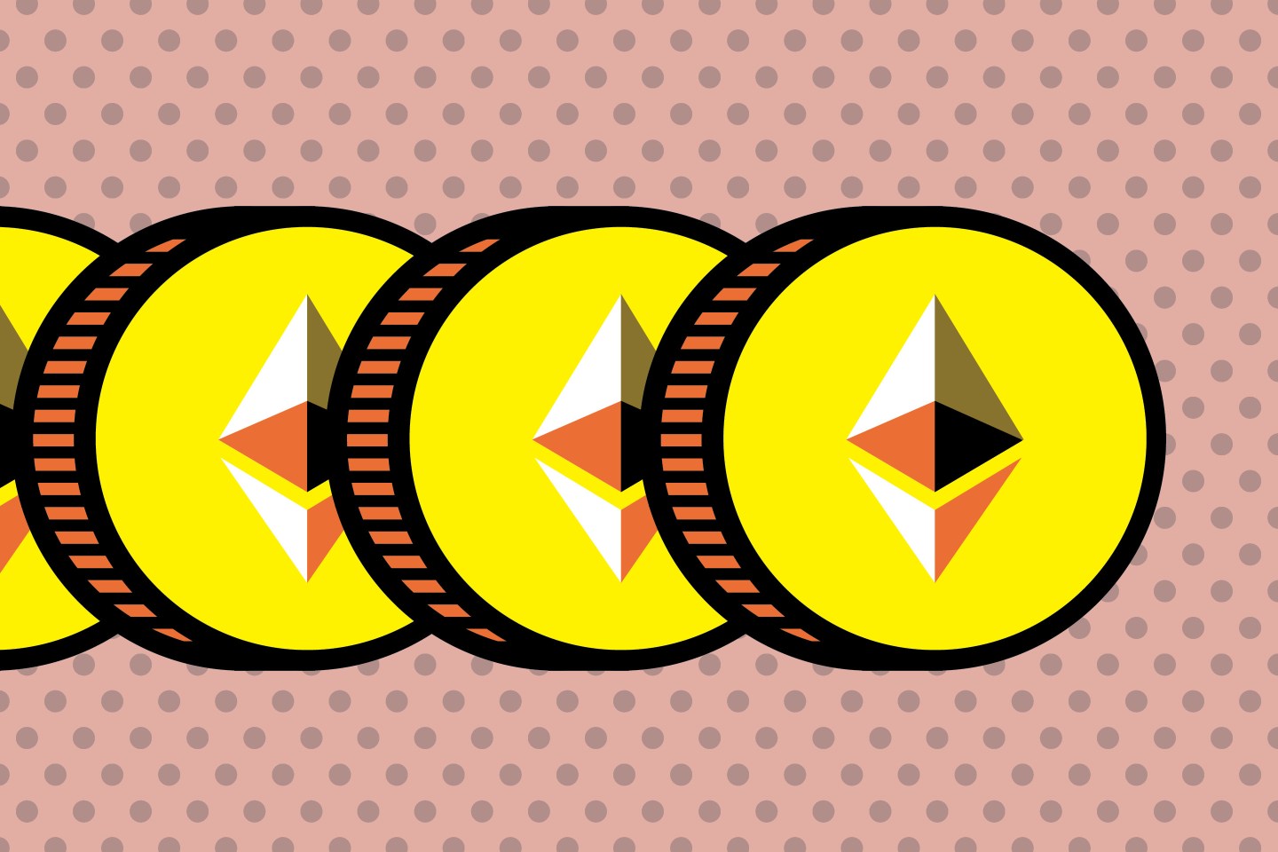 Ethereum coins on pink background