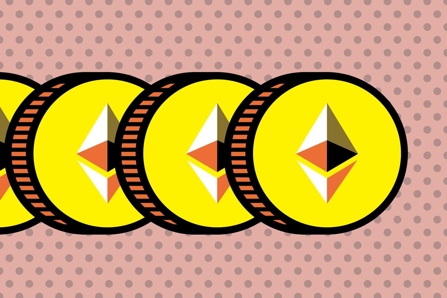 Ethereum coins on pink background