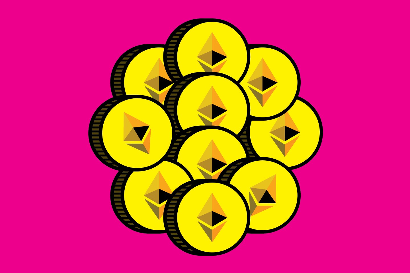 Artist’s depiction of Ethereum coins on bright pink background