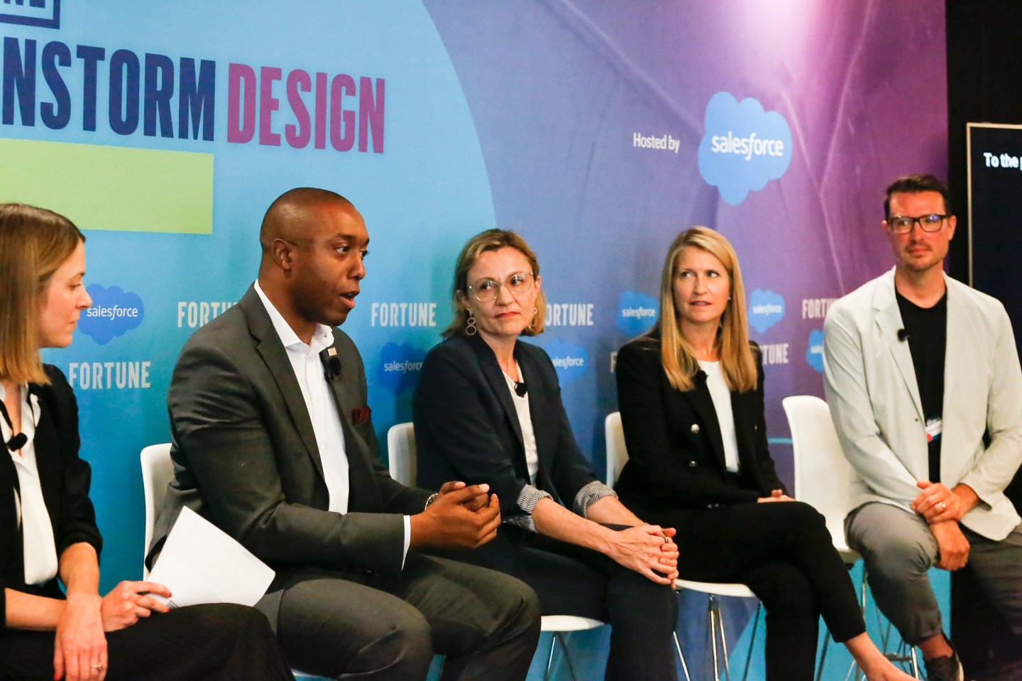 U.S. Department of Labor chief innovation officer Chike Agu, IBM general manager Katrina Alcorn, Boston University organizational psychologist Connie Hadley, and Slack senior vice president of design Ethan Eismann speak with Fortune executive editor Kristen Bellstrom at the Brainstorm Design conference on May 23, 2022 in Brooklyn, New York.