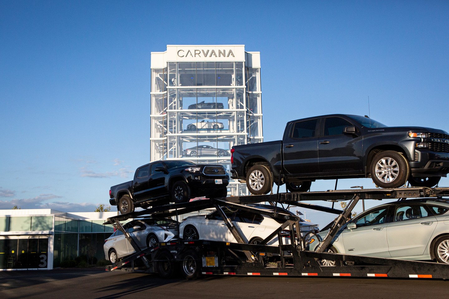 Carvana customers can pick up the cars they buy online from “vending machines” like this one in Westminster, California.