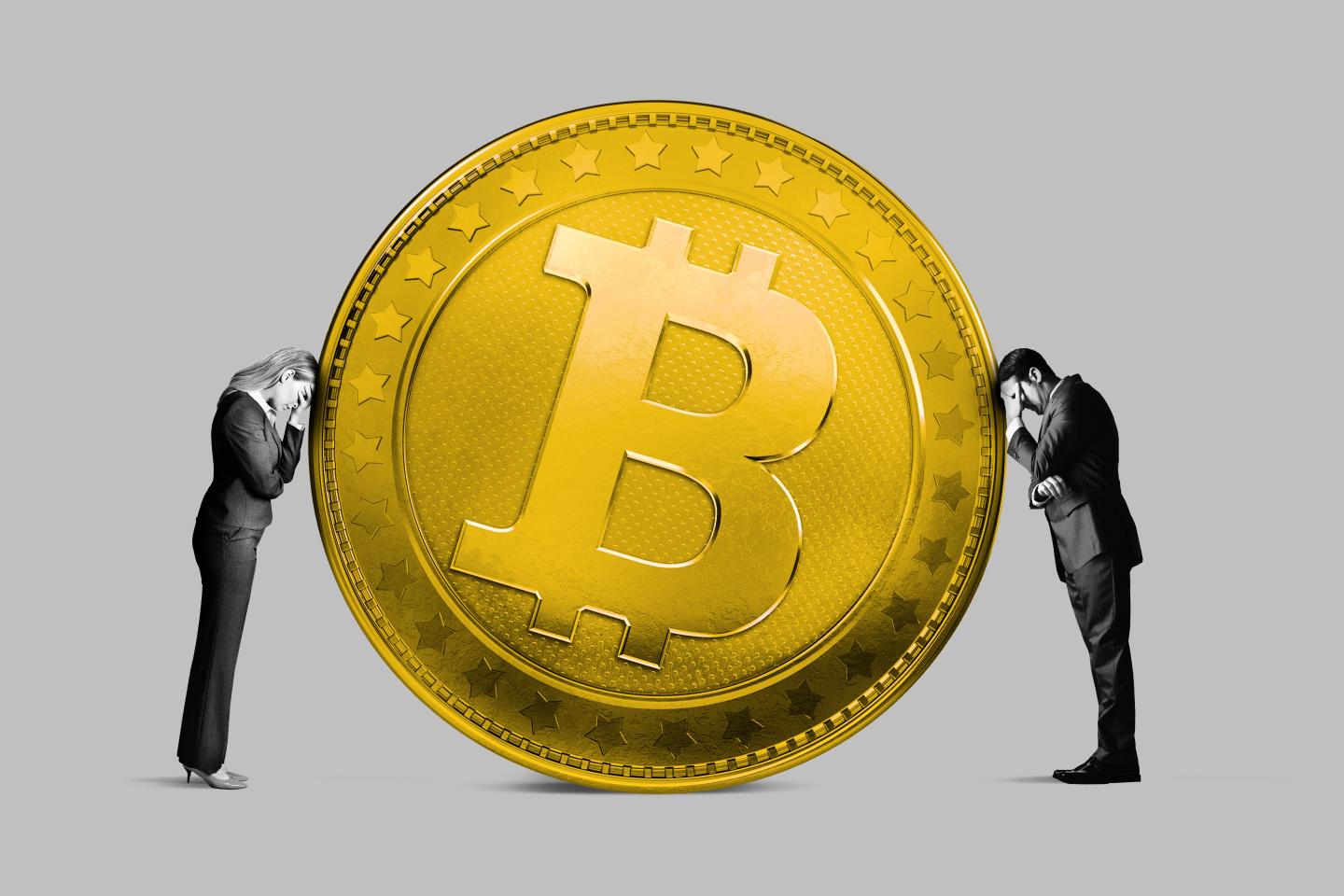 Two sad people leaning on a Bitcoin