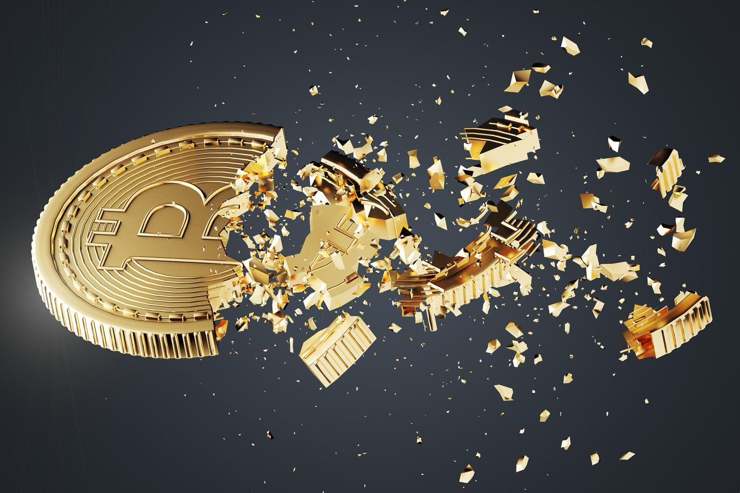 Illustration of a Bitcoin disintegrating
