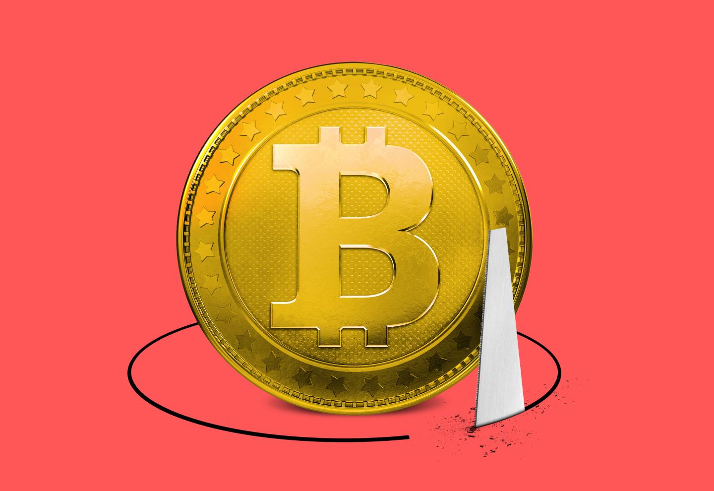 Artist’s concept of a Bitcoin token poised for a fall