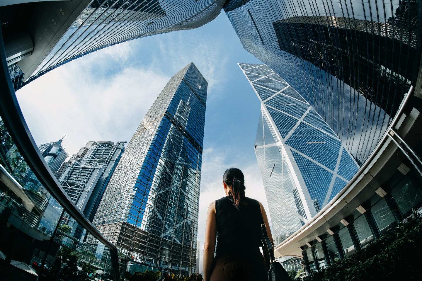 Rear view of professional young businesswoman standing against contemporary financial
