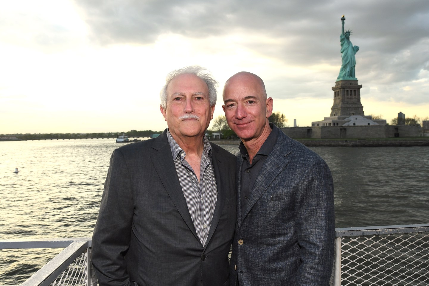 NEW YORK, NEW YORK - MAY 15: Miguel Bezos and Jeff Bezos arrive at the Statue Of Liberty Museum Opening Celebration at Battery Park on May 15, 2019 in New York City.