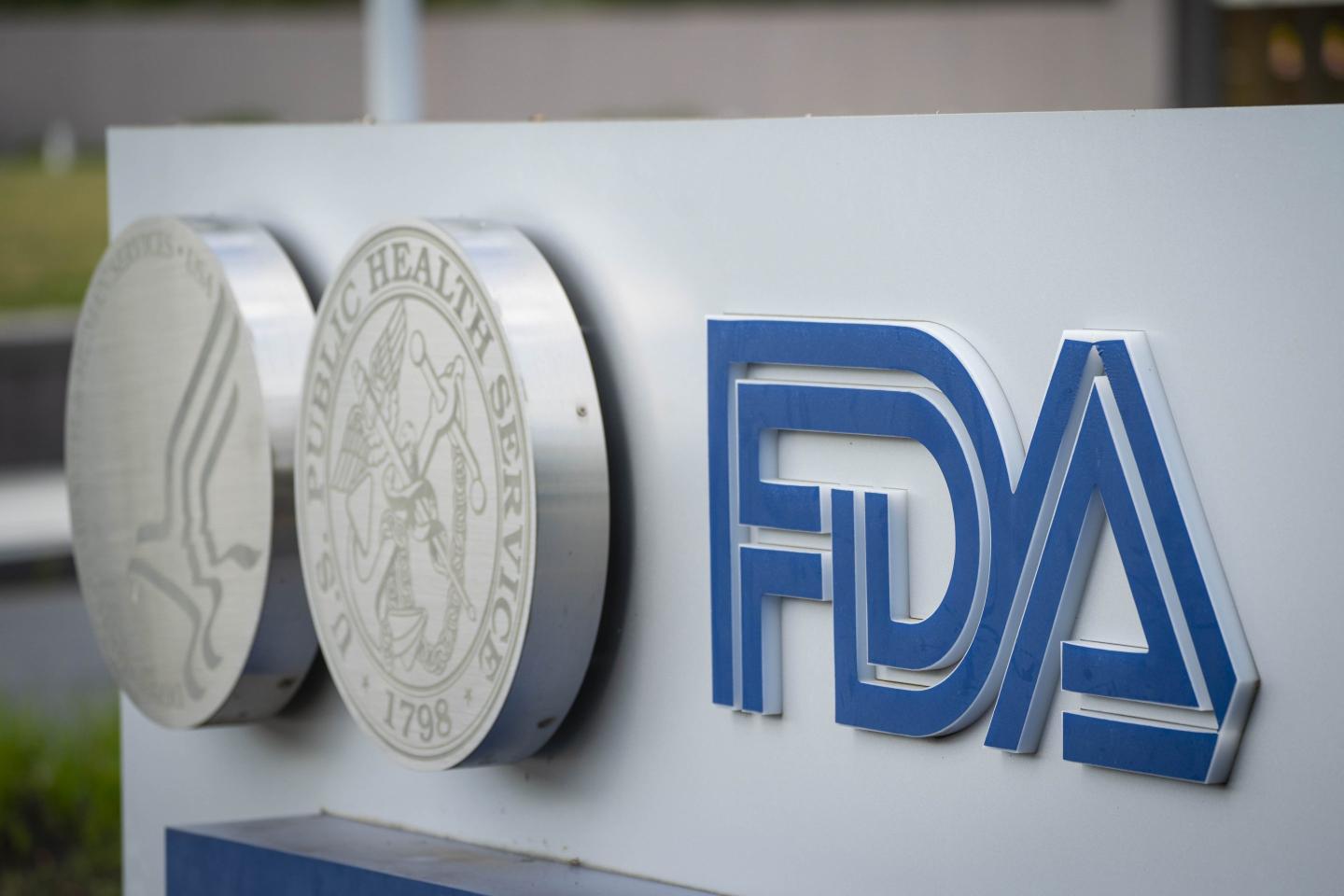A sign for the FDA as seen in White Oak, Md.