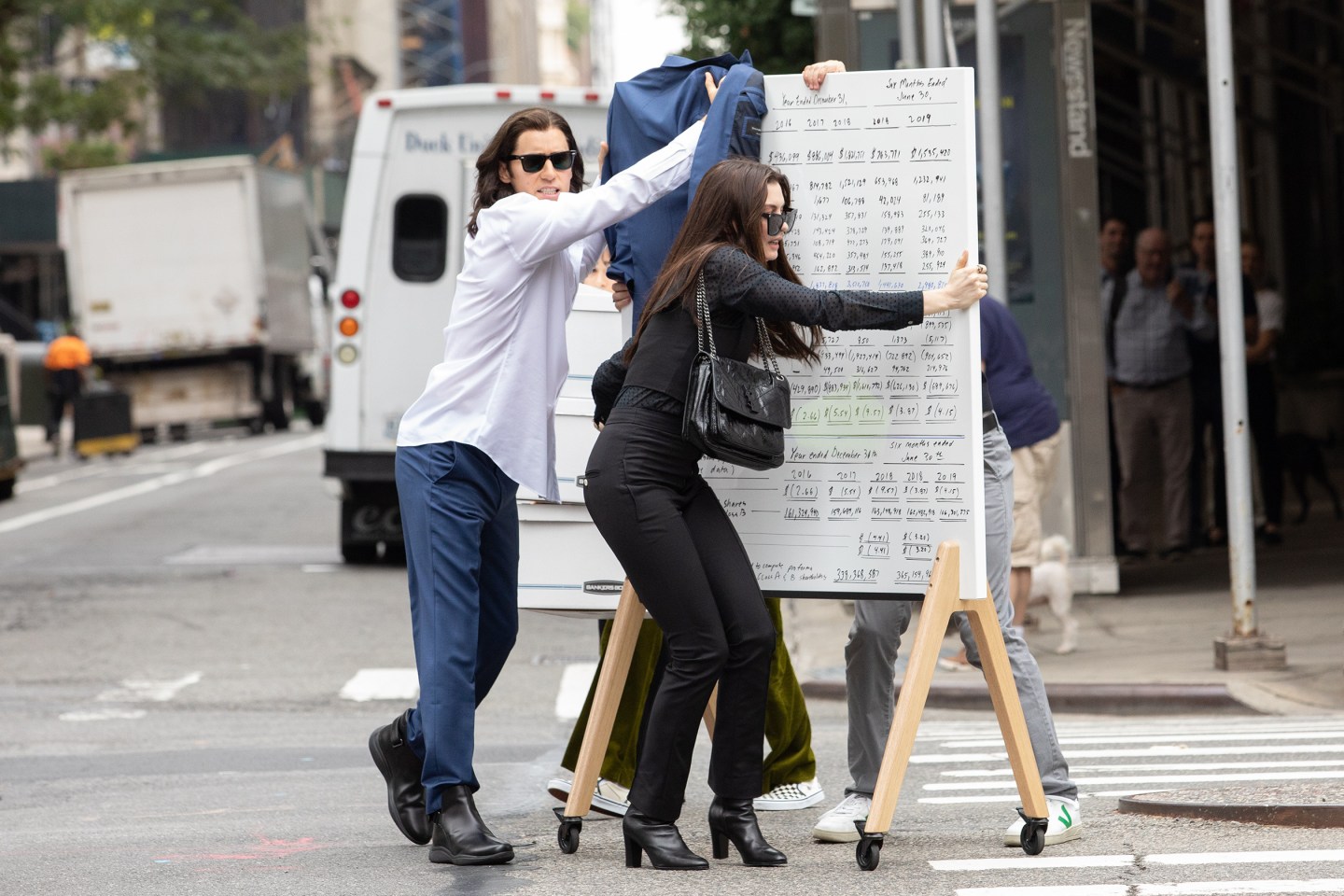 Anne Hathaway and Jared Leto are seen filming "WeCrashed" on Sept. 8, 2021 in New York City. The series focuses on Adam and Rebekah Neumann's relationship during the rise and fall of WeWork.