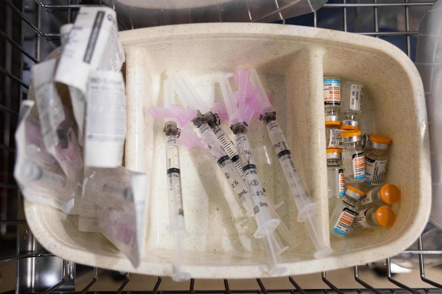 Syringes and vials of Naloxone are shown during the media tour of the supervised drug injection site OnPoint, in New York on November 30, 2021. More than 107,000 Americans died of drug overdoses in 2021, according to the CDC.