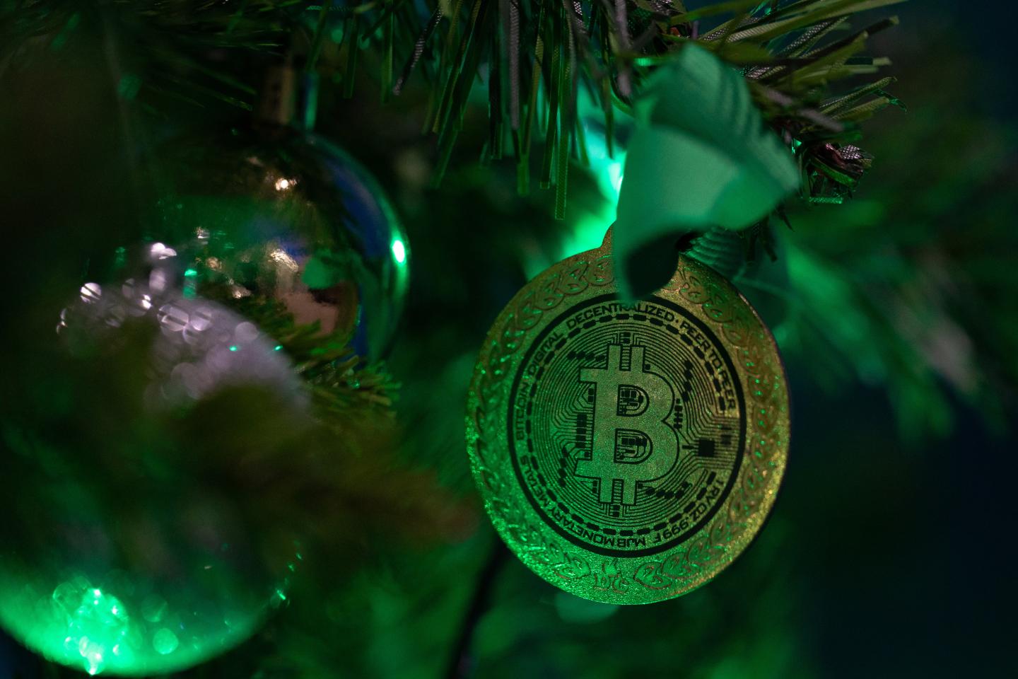 A novelty bitcoin decoration on a Christmas tree at the Minto cryptocurrency mining center in Nadvoitsy, Russia, on Friday, Dec. 17, 2021.
