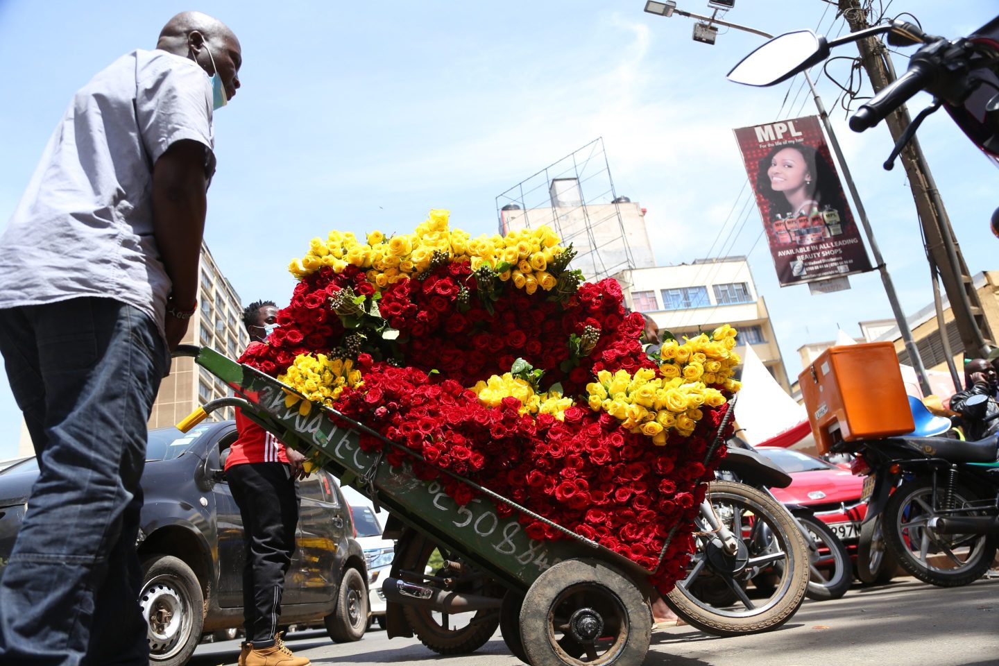 Man transports flowers for sale