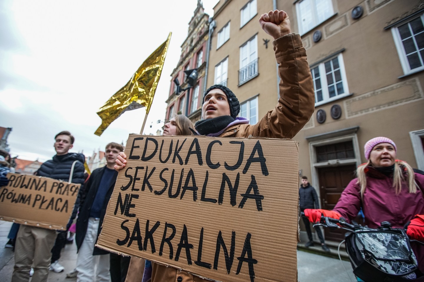 Protesters with feminist, pro-choice banners and anti Russia against Ukraine war banners are seen in Gdansk, Poland.