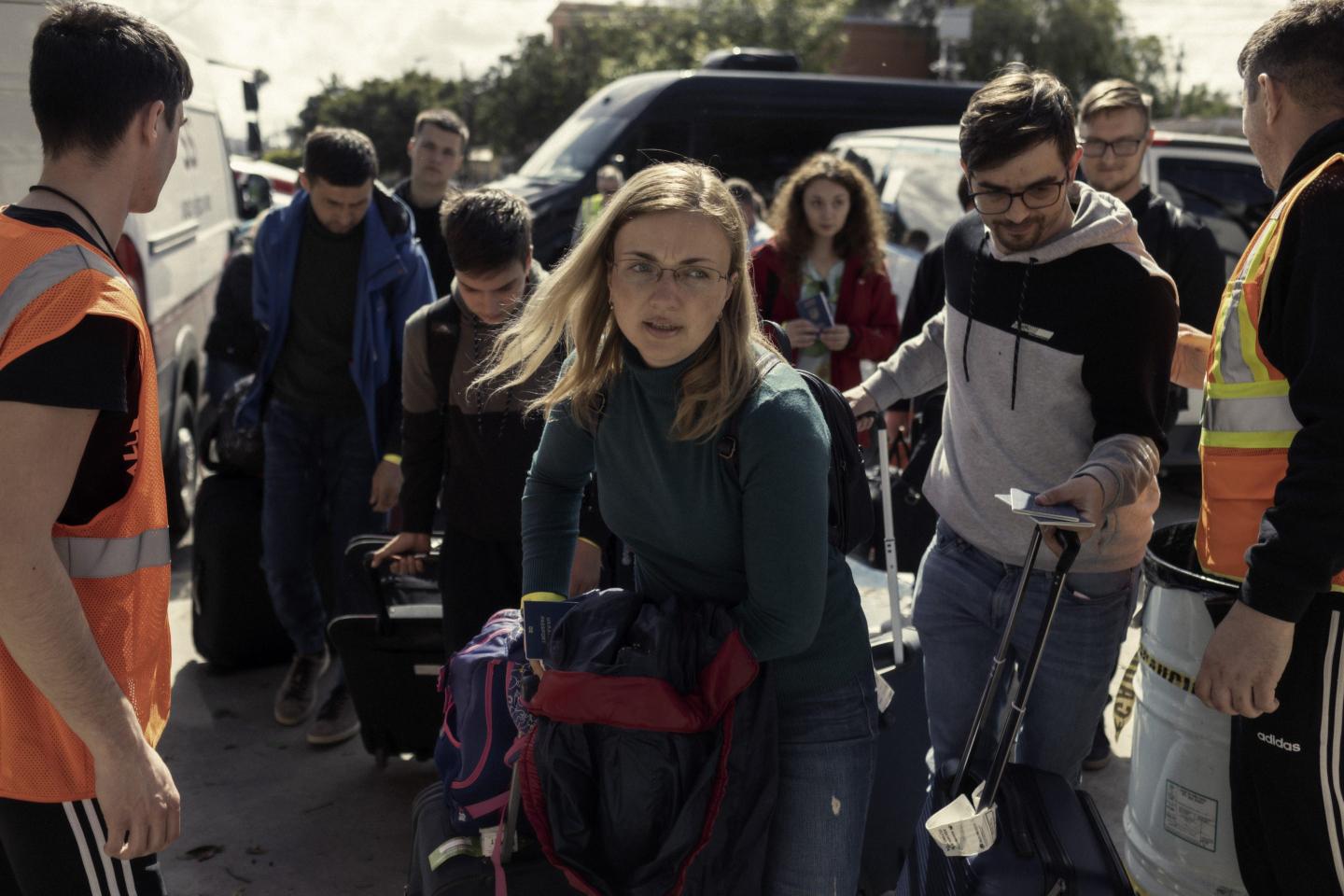 Ukrainian refugees arrive at a humanitarian shelter in Tijuana, Mexico, on Friday, April 22, 2022